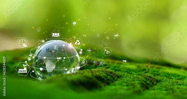 Fototapeta Glass globe in green forest with the icon environment of ESG, co2, circular company, and net zero. Technology Environment, Organization Sustainable development environmental.