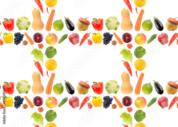Fototapeta Seamless pattern of vegetables, fruits and berries isolated on white