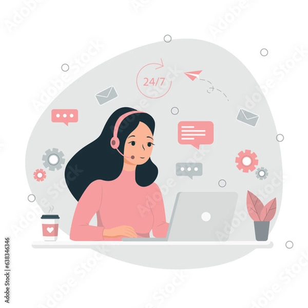 Obraz Customer support, call center, hotline, technical global support, customer support department staff. Hotline operator advises customer. Online global technical support 24 7.