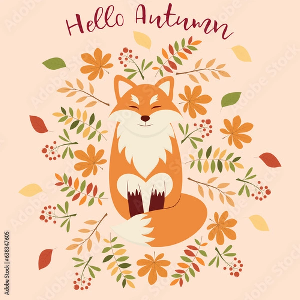 Obraz Vector illustration with cute fox.  Forest animals and plants. Autumn card with the inscription. Hello autumn. Banner, postcard, poster, vector illustration