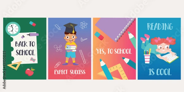Fototapeta Back to school posters in flat design. Modern brochure design with a flat style, highlighting four 'Back to School' offerings of posters. Vector illustration.