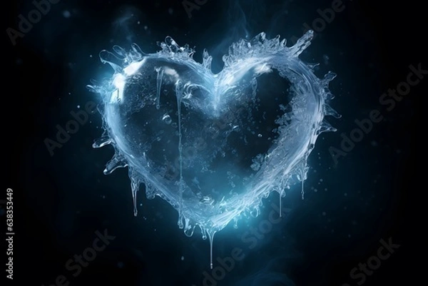 Obraz blue ice heart shape clear with ice crystals and icicle black background. The concept is cold-hearted, heartbroken, unloved, cold and closed-hearted.