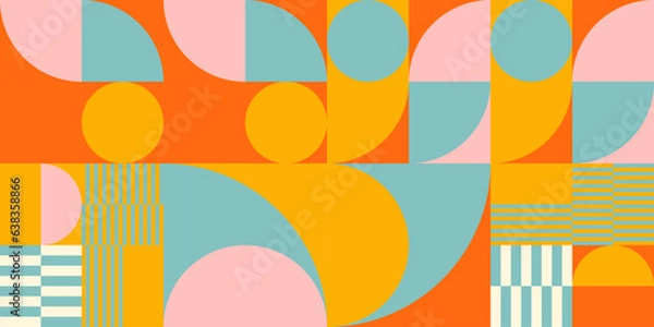 Fototapeta Retro geometric aesthetics. Bauhaus and avant-garde inspired vector background with abstract simple shapes like circle, square, semi circle. Colorful pattern in nostalgic pastel colors.