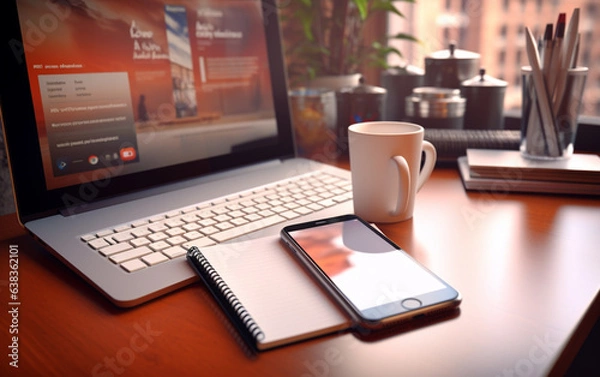 Fototapeta Smart phone, notebook and keyboard on graphic designer workspace (158)