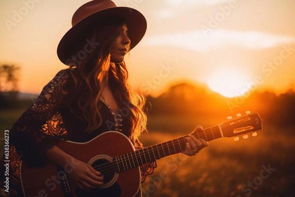 Obraz silhouette of a girl with a guitar on the background of a sunset in a field. young hippie woman in a hat.