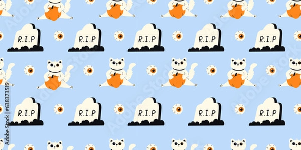 Fototapeta Cute Halloween seamless pattern with cat, tombstone and eyes on pink background. Halloween various elements. Pattern for wrapping paper and print design. Vector stock illustration in cartoon style.