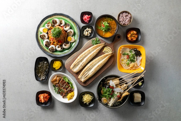 Obraz Korean food dish Pungcheon Fresh Water Eel Grilled Eel Soup Eel Seasoned Seaweed Jjolmyeon