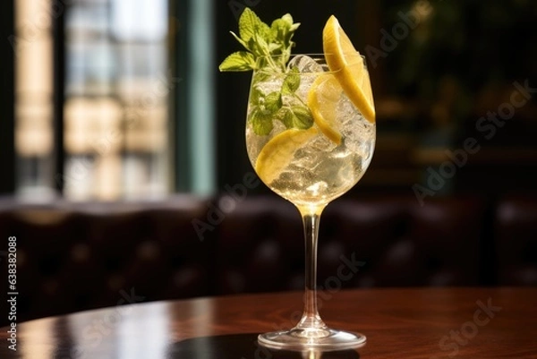 Fototapeta A Hugo Spritz cocktail in a glass garnished with a sprig of mint and lemon