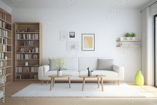 Fototapeta Bright living room interior with large sofa, bookshelves, coffee table, crockery, white wall, carpet and oak wooden floor. Concept of minimalist design. Comfortable place for meeting. 3d rendering