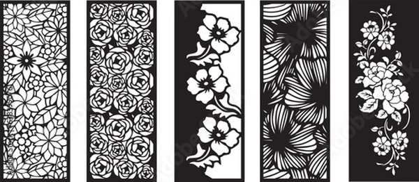 Fototapeta Set of laser cut panel with floral pattern.Borders, fence, screen cut templates
