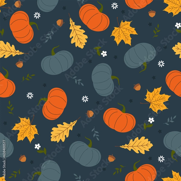 Obraz Seamless pattern with pumpkins, leaves, acorn and flowers. Vector illustration.