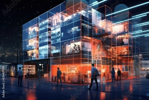 Fototapeta Buyers in a virtual online clothing store. Innovative technologies for your convenience. Shopping without leaving home. Computer holographic accounting of all goods