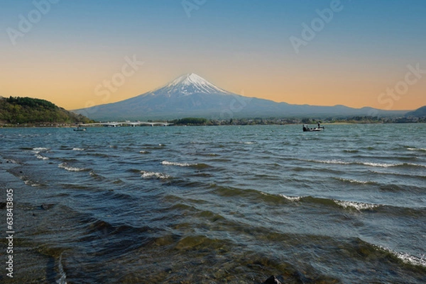 Fototapeta Lake view with Fuji mountain in the background.