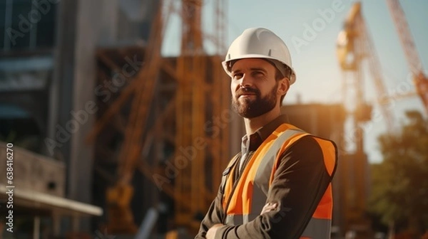 Fototapeta An engineer in a construction uniform on the background of a construction site in the city