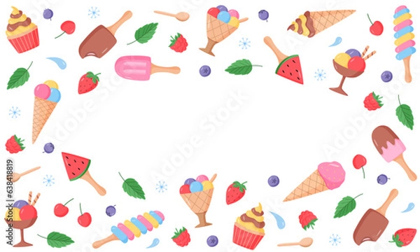 Fototapeta Ice cream and berries set of bright colored icons. Vector illustration of summer desserts popsicles, ice cream in waffle cones, strawberry cherry raspberry mint blueberry.