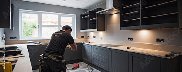 Obraz Worker or carpenter installing new modern kitchen.