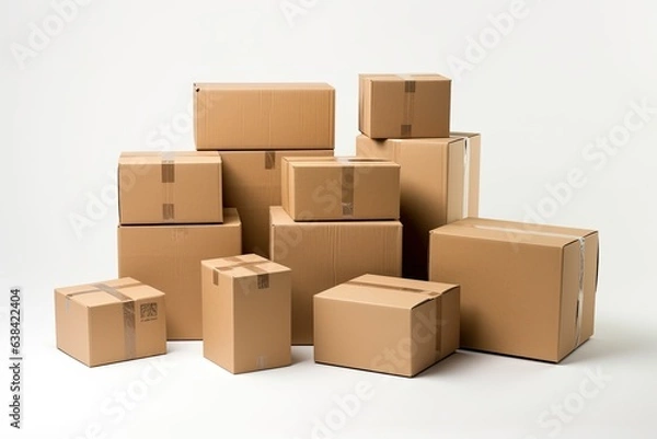Fototapeta Cardboard boxes, white background, deliveries concept. Generative AI