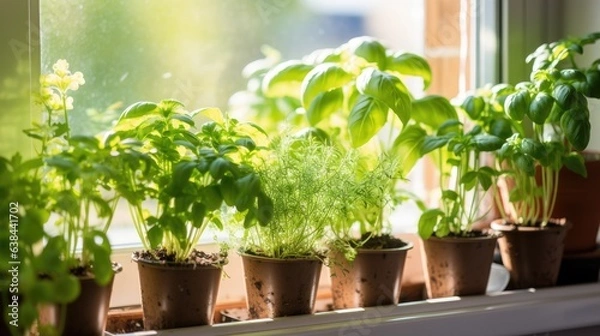 Fototapeta homegrown herbs and spices in front of a window (Generative AI)