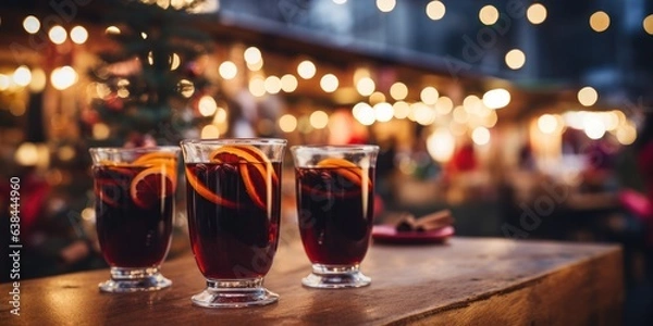 Obraz Mulled wine on a wooden background, product. Christmas background, place for text