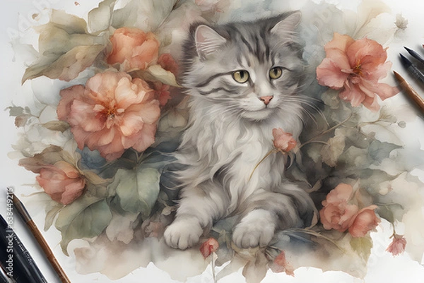 Obraz It's a cat style.Elegance, color, change, colorful photography, art, sophisticated photography, art, high definition, cat, 4K, watercolor, painting, illustration, generative ai