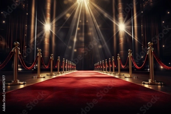 Fototapeta Red carpet rolling out in front of glamorous movie premiere background