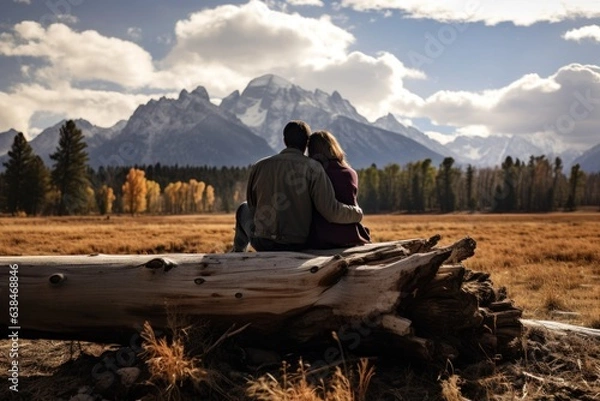 Fototapeta A couple sitting on an old log enjoying the beauty of the nature. Mountains in the background.