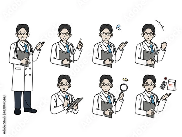 Fototapeta 医師　白衣を着た眼鏡の男性セット