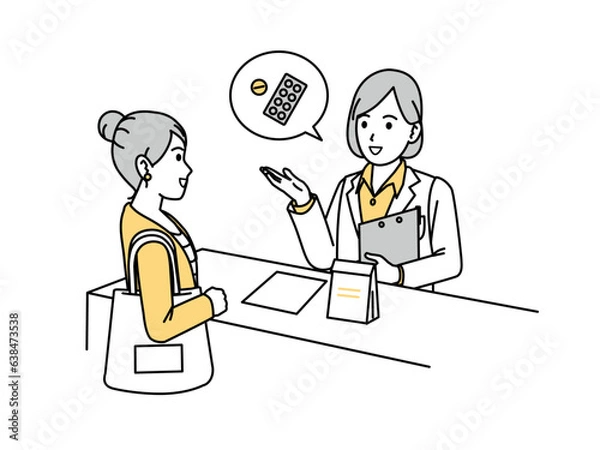 Obraz 薬について説明する白衣を着た女性の薬剤師