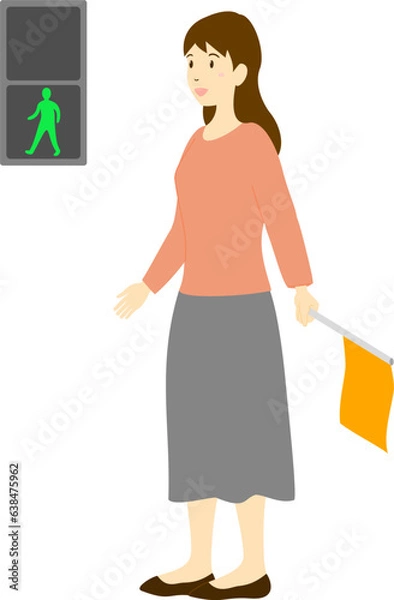 Obraz 青の歩行者用信号と交通安全の旗を振る女性の全身イラスト
