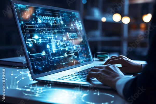 Fototapeta Laptop computer with hologram virtual screen interface. Generic advanced information technology concept.