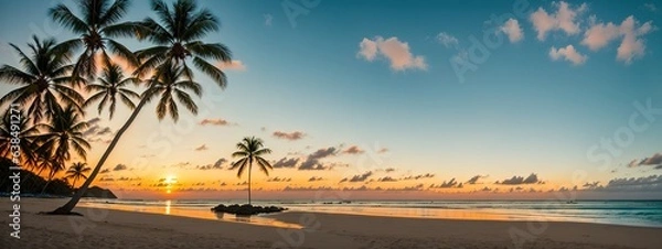 Obraz Paradise beach of a tropical island, palm trees, white sand, azure water. Famous stone beach in the Seychelles. Generative AI.