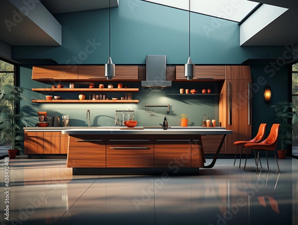 Fototapeta Front image of modern home kitchen cabinet with minimalist style design. Illustration image and illuminated by natural lighting.