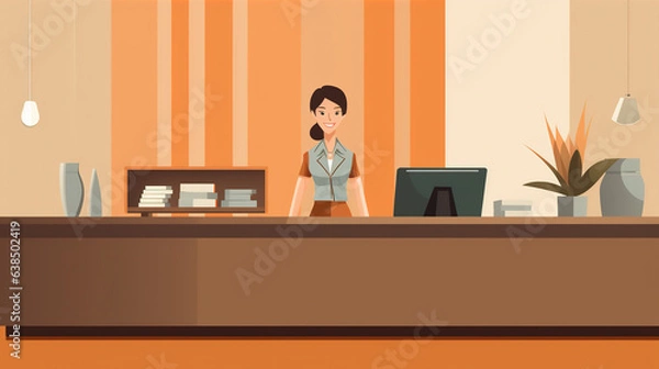 Fototapeta Office Receptionist: A friendly receptionist at the front desk, welcoming visitors and providing assistance