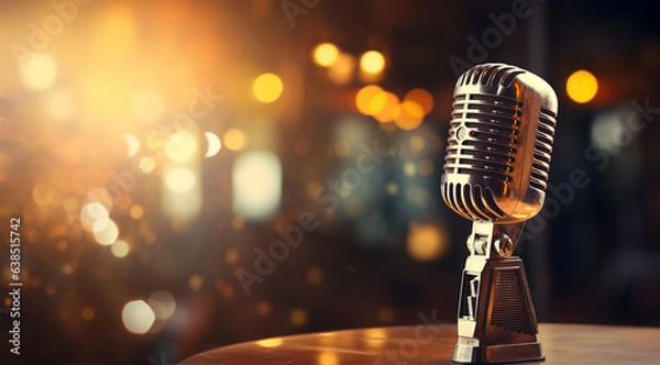 Fototapeta Retro microphone on stage with light bokeh background.