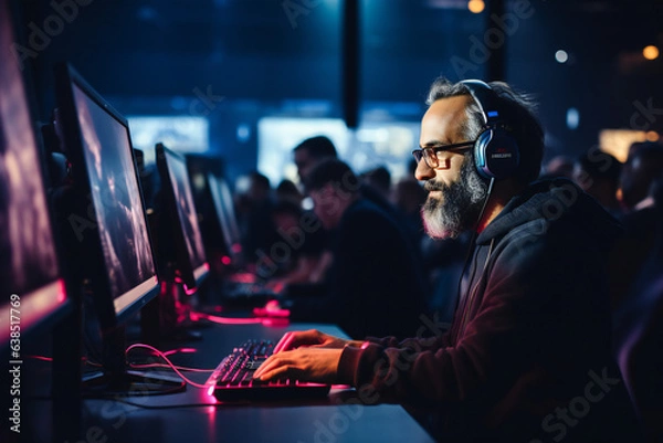 Obraz Man behind computer playing game, hacking, hackaton