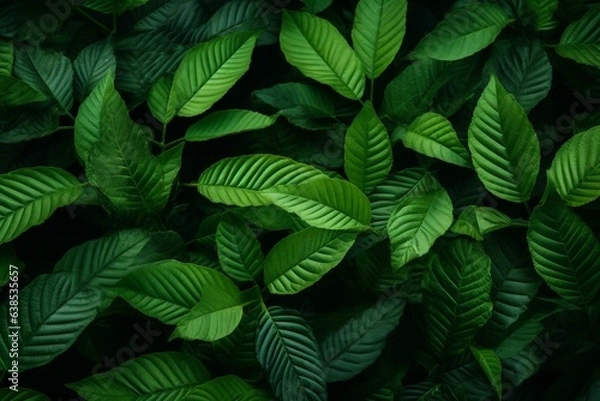 Fototapeta Green leafy background showcasing kratom tree and dark medicinal plant leaves. Generative AI