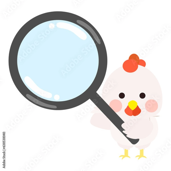 Obraz Cute little white chick holding magnifier, white chicken standing pose, front face. Isolated on white background, EPS10 vector