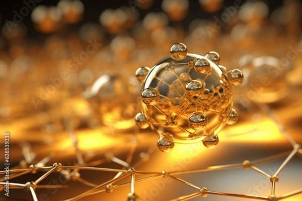 Fototapeta 3D-rendered gold nanoparticles bind various molecules and form biosensors. Generative AI