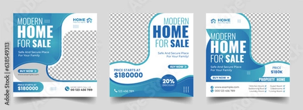 Fototapeta Real estate square social media post or Modern home sale property promotion web banner template bundle. Editable modern house banner layout set