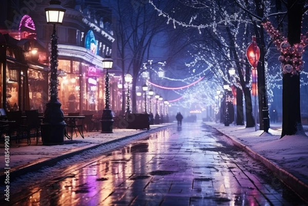 Fototapeta Night city winter snowy street decorated with luminous garlands and lanterns for christmas, urban preparations for new year