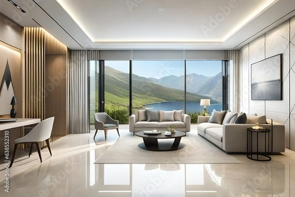 Fototapeta Modern, white minimalist interior. Modern interior design for posters in the living room layout with a white sofa with space to copy.