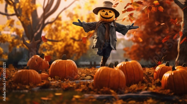 Fototapeta Scarecrow surrounded by pumpkins in the fall on Halloween.
