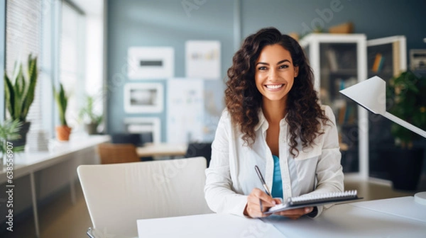 Obraz Happy professional female psychologist holding clipboard, looking and smiling at camera.