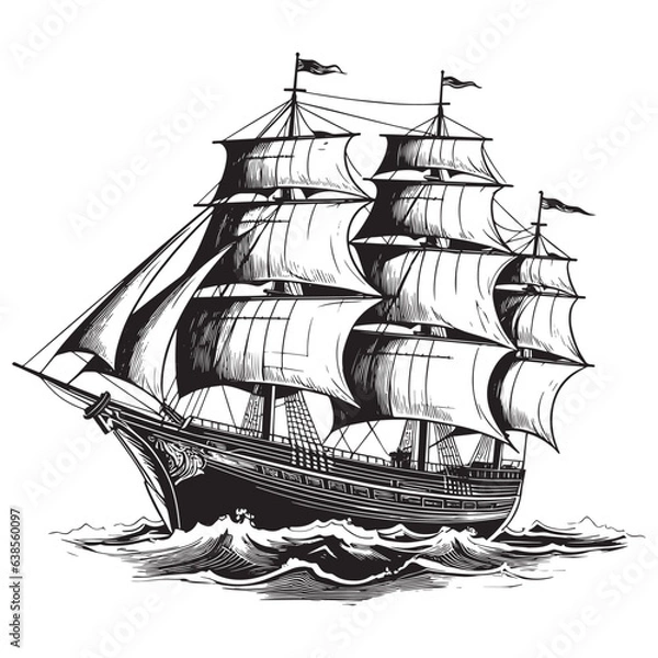Fototapeta An old sailing ship on the sea waves. Vector drawing isolated on white background.