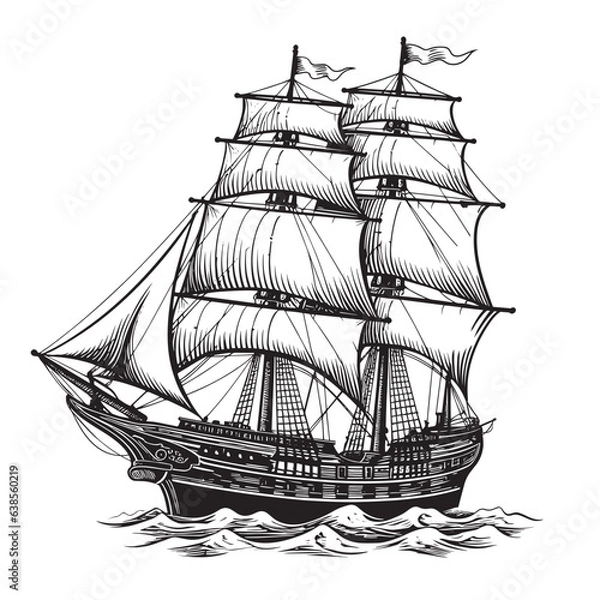 Fototapeta An old sailing ship on the sea waves. Vector drawing isolated on white background.
