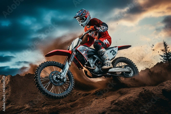 Obraz Created using generative AI image of rider driving in extremely risky motocross race on a dirt sandy track