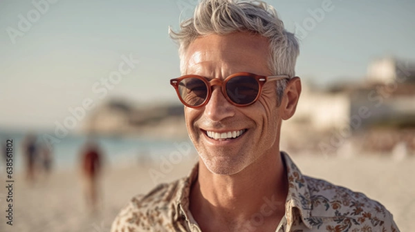 Obraz a man embracing the coastal allure his sunglasses adding a touch of allure. With a genuine smile he embodies the epitome of leisure amidst the sand and sea. 