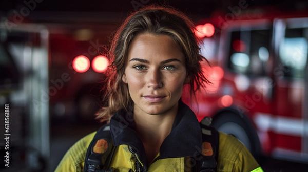 Obraz a dedicated female firefighter in her gear standing confidently in front of a fire truck ready to respond to emergencies