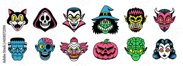 Fototapeta Vector Retro Cartoon Funny Monsters Heads Halloween Set