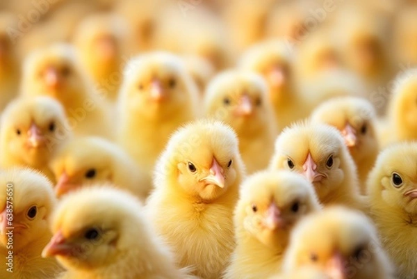 Obraz A group of yellow chickens looking at the camera, created by Generative AI